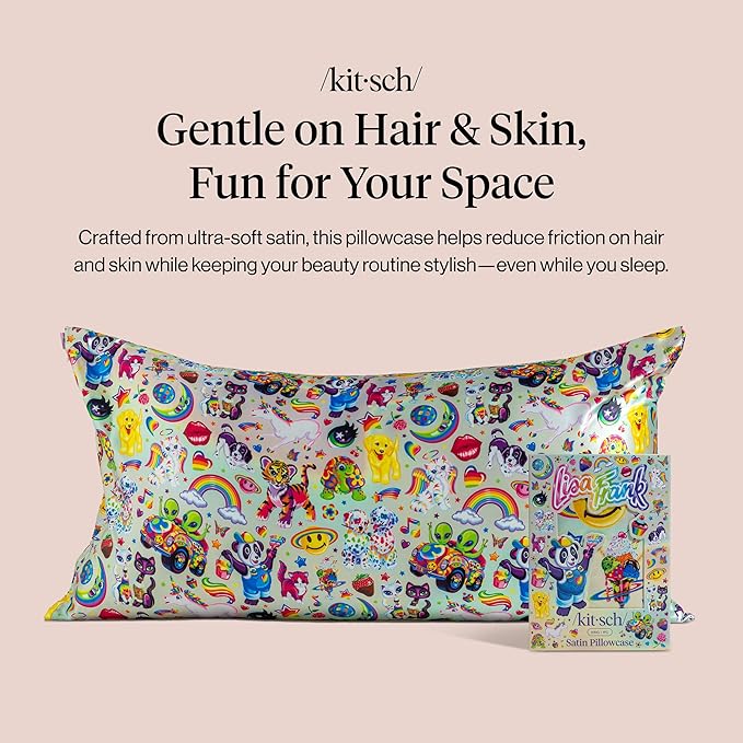 Kitsch x Lisa Frank Satin Pillowcase with Zipper for Hair & Skin, Softer Than Silk Pillow Cases, Wrinkle-Free, Smooth and Cooling Satin Pillow Covers King Size 19x36- The Fantastic World of Lisa Frank
