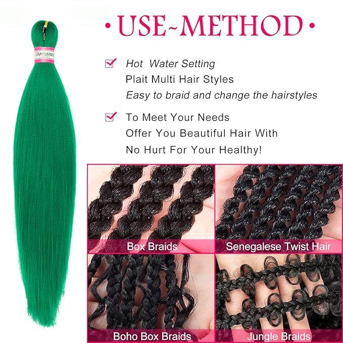 Dorsanee Green Braiding Hair Pre Stretched 20 Inch 3 Packs Professional Easy Braiding Hair for Crochet Braids Twists Locs Hair Soft Yaki Texture Hot Water Setting Synthetic Hair Extensions