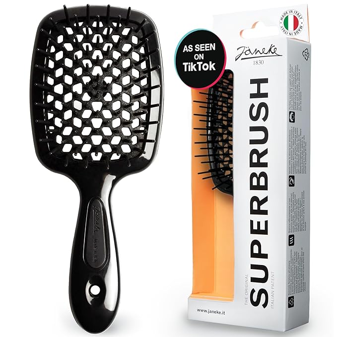 Janeke Superbrush Detangling Brush for Soft Smoothing Hair Brushing with Anti-Static Bristles - Vented Wet Hair Brush for Blow Drying Use - Perfect for Curly, Thick, Wavy, Fine Hair Types (Black)