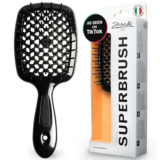 Janeke Superbrush Detangling Brush for Soft Smoothing Hair Brushing with Anti-Static Bristles - Vented Wet Hair Brush for Blow Drying Use - Perfect for Curly, Thick, Wavy, Fine Hair Types (Black)