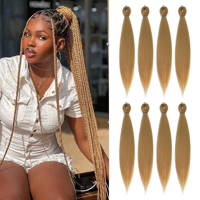 Pre-stretched Braiding Hair - 30 Inch 8 Packs Super Long Blonde Braiding Hair For Twist or Box Braids, Yaki Texture Hot Water Setting Synthetic Braiding Hair Extensions (30 Inch, 27#-8P)