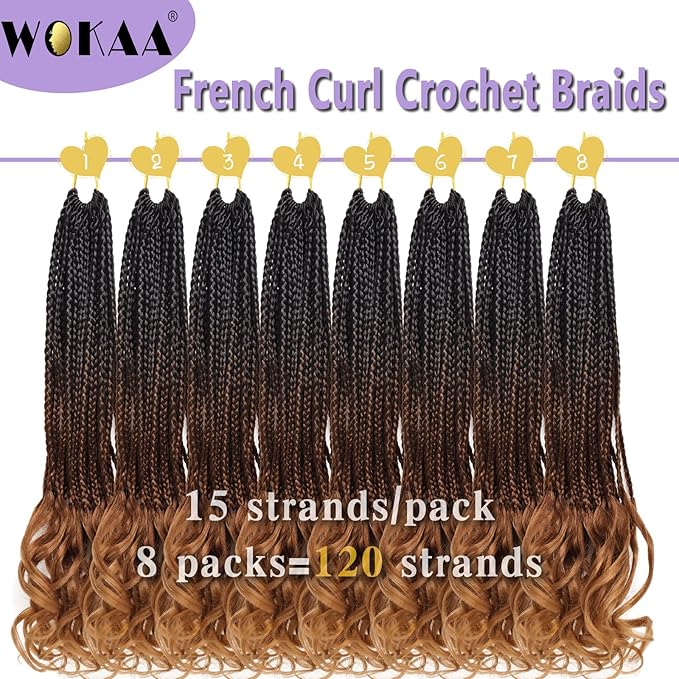 French Curl Crochet Braids 22 Inch 8 Packs Goddess Box Braids Crochet Hair for Women Pre Looped Crochet Box Braid with Curly Ends Synthetic French Curly Braiding Hair Extensions (1B/33/30)