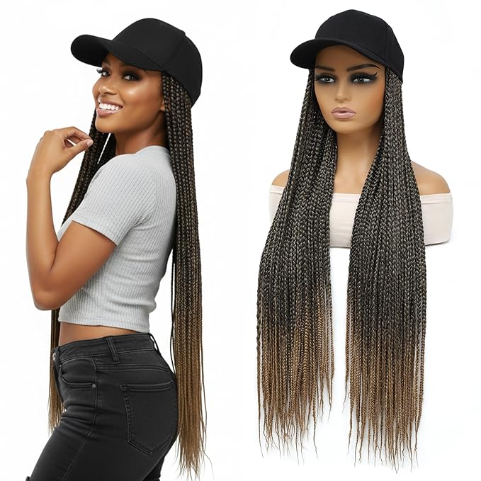 Hat Wig for Women Baseball Cap with Braided Hair Attached 30inch long Synthetic Ombre Box Braid Wig Hat Adjustable Cap with mix black light brown Braids for Daily Outdoor Use