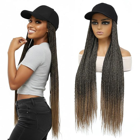 Hat Wig for Women Baseball Cap with Braided Hair Attached 30inch long Synthetic Ombre Box Braid Wig Hat Adjustable Cap with mix black light brown Braids for Daily Outdoor Use