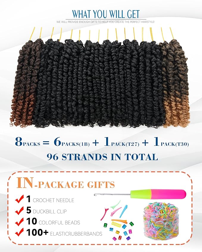 Passion Twist Crochet Hair-Mixed Color Combo Pack(6 packs 1B+1 pack T1B/27+1 pack T1B/30),Pre-twisted Pre Looped Short Synthetic Braided Hair Extensions For Black Women and Kid(6"-8 Packs,1B+T27+T30)