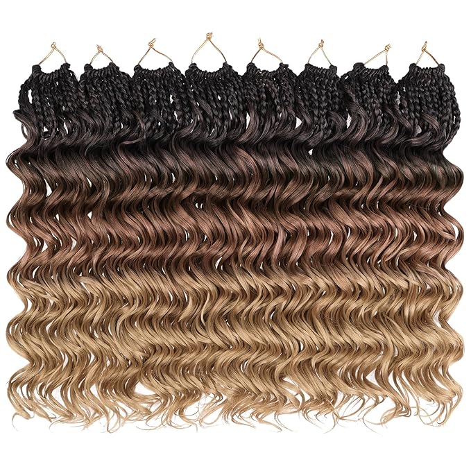 Leeven 10 Inch Pre Looped Ocean Wave Crochet Hair 8 Packs Short Curly Crochet Hair Ombre Brown to Blonde Boho Ocean Braids Pre Twisted Synthetic Deep Wavy Crochet Hair for Women