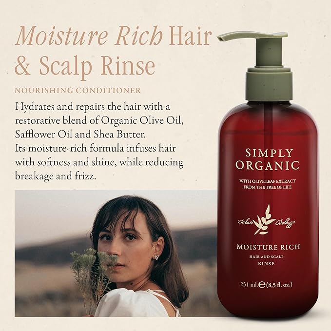 SIMPLY ORGANIC Moisturizing Deep Conditioner Scalp Rinse Made in Italy, All Natural Cruelty Free Hair Care for Women & Men with Shea Butter & Olive Leaf Extract, 251ml/8.5floz, MOISTURE RICH