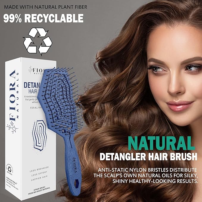 Fiora Naturals Hair Detangling Brush for Women - Detangler Hair Brush w/Flexible Soft Bristles- Gently Glides Through Tangles - Curly, Fine, Dry and Shower Wet HairBrush, cepillo para cabello - Blue