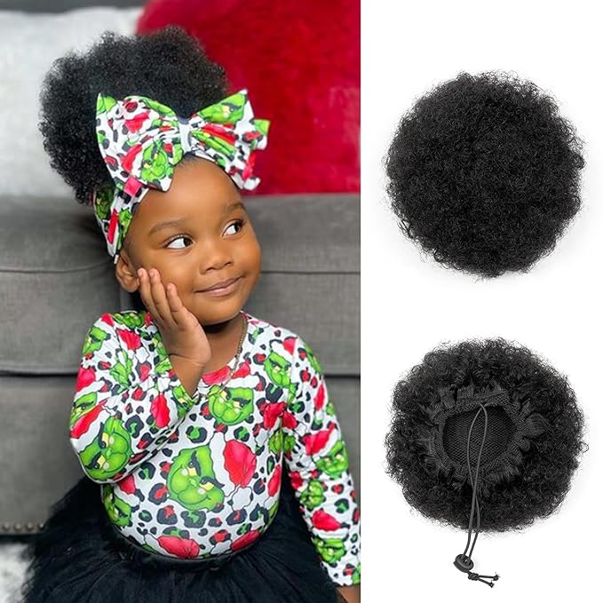 6 Inch Natural Real Human Hair Afro Puff Ponytail for Black Kids Girls Women Kinky Curly Ponytail Extension Halloween Drawstring Ponytail African American Fake 4c High Bun Children Gift Jet Black 40g