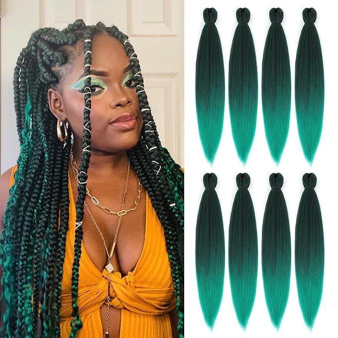 Pre-stretched Braiding Hair - 16 Inch 8 Packs Ombre Green Braiding Hair For Twist or Box Braids, Yaki Texture Hot Water Setting Synthetic Short Braiding Hair Extensions (16 Inch, T-Green-8P)