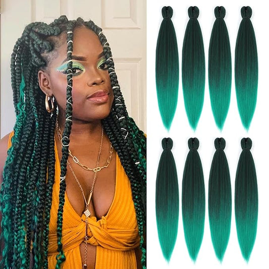 Pre-stretched Braiding Hair - 16 Inch 8 Packs Ombre Green Braiding Hair For Twist or Box Braids, Yaki Texture Hot Water Setting Synthetic Short Braiding Hair Extensions (16 Inch, T-Green-8P)