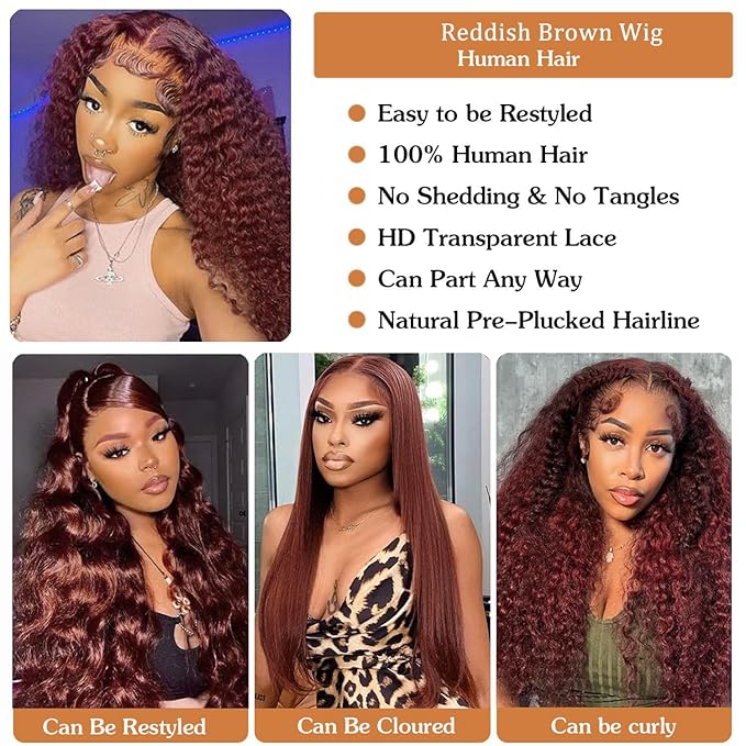 MEGOOD 200 Density 13x6 Deep Wave Reddish Brown Lace Front Wigs Human Hair Reddish Brown Curly Human Hair Wig 33# 13x6 HD Lace Frontal Wigs Human Hair Pre Plucked For Women Brown Wig 18 Inch