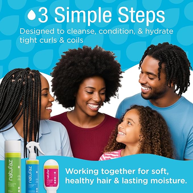 3-Step Moisture Burst System for Tight Curls & Coils with Curly Hair Shampoo, Leave In Conditioner Spray & Hair & Scalp Moisturizer – Softens Dry Hair, Detangles, Boosts Growth & Soothes Scalp