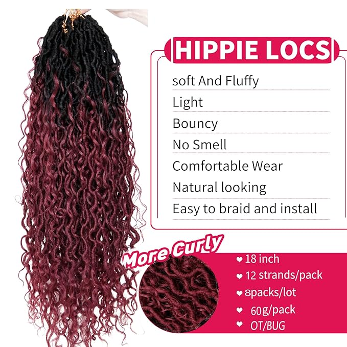 Goddess Locs Crochet Hair 18Inch Crochet Locs,Burgundy Boho Faux Locs With Curly Ends River Hippie Locs Bohemian Locs Crochet Braids 4Packs (OTBUG, 18inch(Pack of 4))