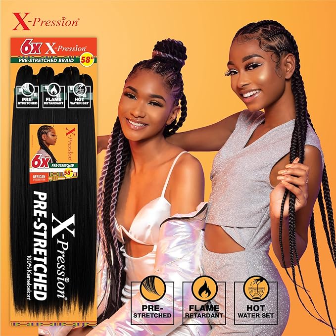 Sensationnel X-pression prestretched braiding hair - 6x braid 58 inch all kanekalon flame retardant synthetic braid for box braids and twists (1 JETBLACK)