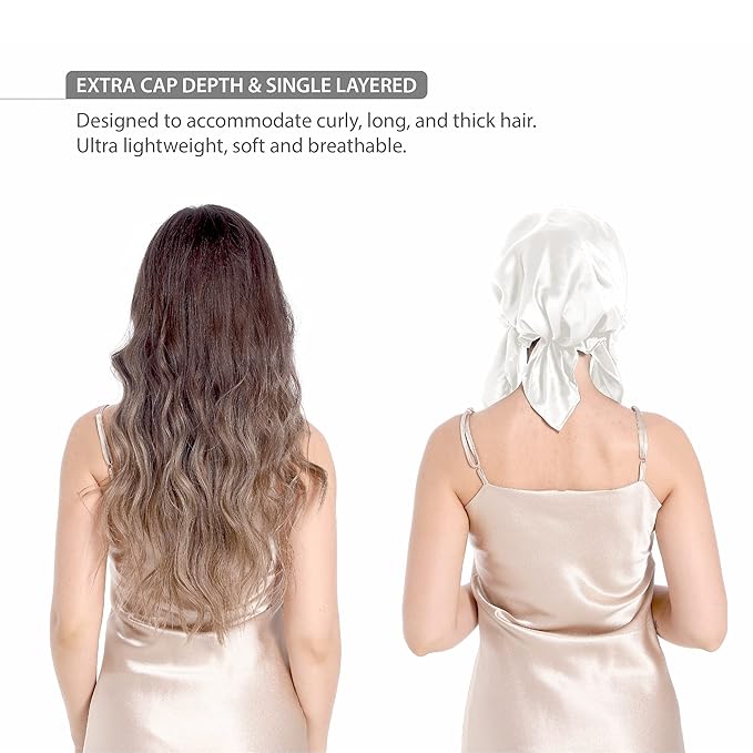 SissiLita Silk Sleeping Bonnet for Women, Large Silk Hair Cap with Tie Band, White