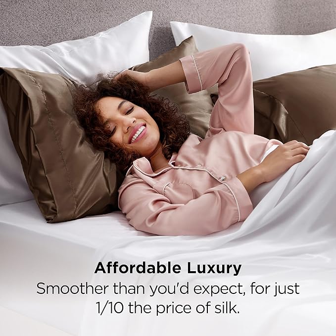 Bedsure Satin Pillowcases, Similar to Silk Pillow Cases Queen Size Set of 2, Pillow Case for Sleeping Women with Envelope Closure, Gifts for Women Men, Brown, 20x30 Inches, 2pcs