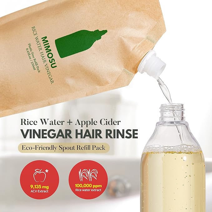 mimosu Apple Cider Vinegar Hair Rinse with Rice Water Refill 8.45oz, Hair Growth Cleansing Conditioner, Gentle Scalp Cleanser for Build Up, Glycolic Acid Dandruff Treatment