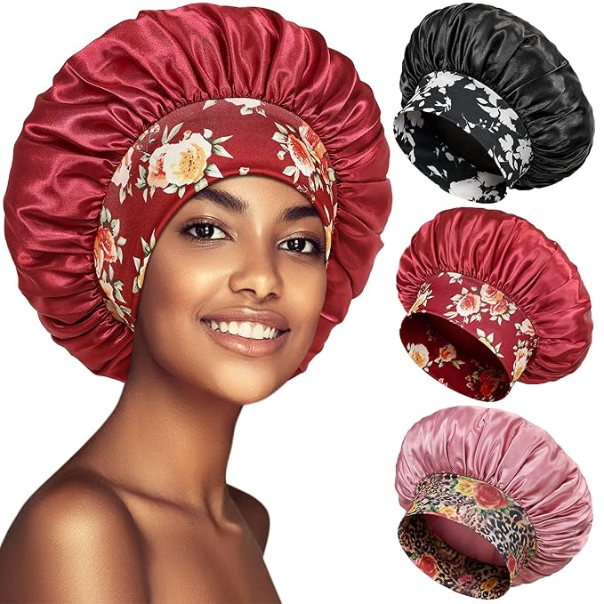3 Pack Satin Bonnet Silk Hair Bonnet for Sleeping, Sleep Bonnets for Women Large Wide Soft Band Sleep Cap for Curly Hair Braids