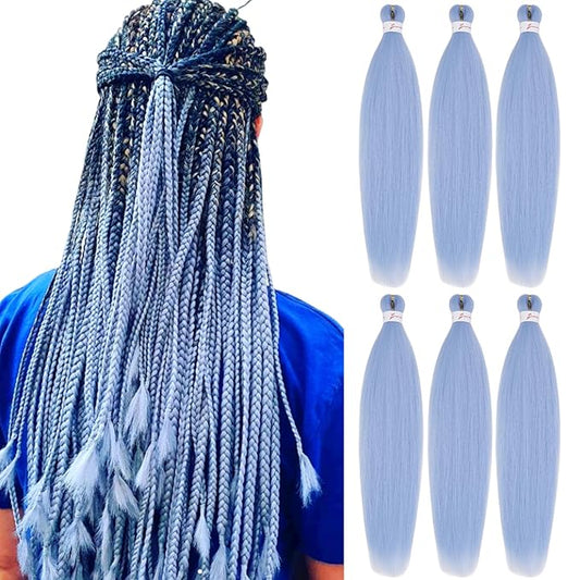 Sky Blue Braiding Hair Pre Stretched 24 Inch Braiding Hair 6 Packs Synthetic Fiber Crochet Hair Synthetic Crochet Braids(24Inch,Sky Blue#)