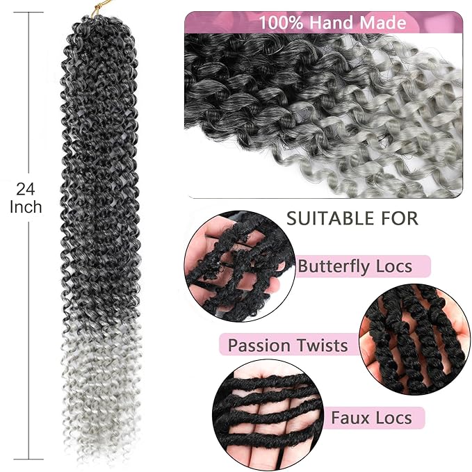 Passion Twist 24 Inch 8 Packs Crochet Hair Braiding Long Bohemian Spring Twist Hair Synthetic Hair Extension (24 Inch, 1B/Silver)