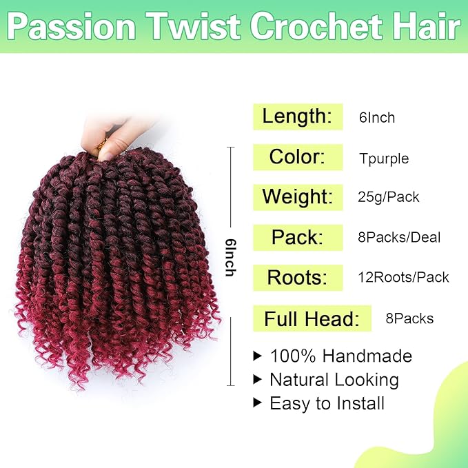 Passion Twist Crochet Hair 6Inch Passion Twist Hair 8 Packs Pre-Twisted Passion Twist Crochet Hair for Black Women Soft Passion Twist Curly Crochet Hair 6"(Pack of 8) Tbug