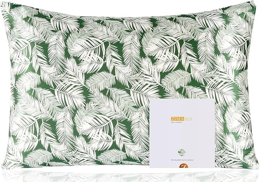 ZIMASILK 100% Pure Mulberry Silk Pillowcase for Hair and Skin Health,Both Sides 19 Momme Silk Floral Print,1pc (King 20''x36'',White Leaves)