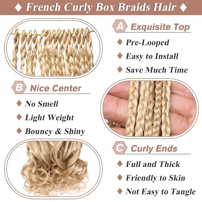 18 Inch Mix Blonde French Curl Crochet Braids 9 Packs Bohemian Goddess Box Braids Pre Looped Crochet Hair Synthetic Wave Bouncy Braiding Hair for Women