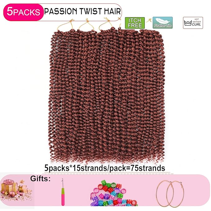 Copper Passion Twist Hair 24 Inch 5 Packs Passion Twist Braiding Hair Water Wave Crochet Hair For Black Women Passion Twist Crochet Hair/Butterfly Locs/Spring Twist Crochet Braids(24in,350)