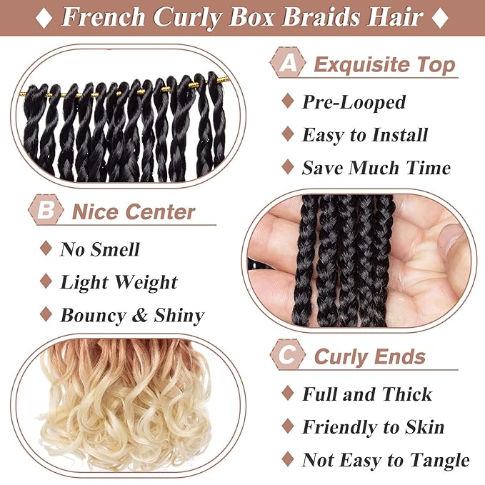 18 Inch French Curl Crochet Braids 9 Packs Ombre Brown Blonde Bohemian Goddess Box Braids with Curly Ends Synthetic Loose Wave Bouncy Braiding Hair for Women