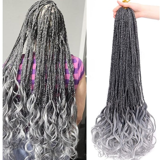 French Curl Crochet Braids 22 Inch 8 Packs Gray Goddess Box Braids Crotchet for Women Hair Pre Looped Crochet Box Braid with Curly Ends Synthetic French Curly Braiding Hair Extensions (1B/Gray)