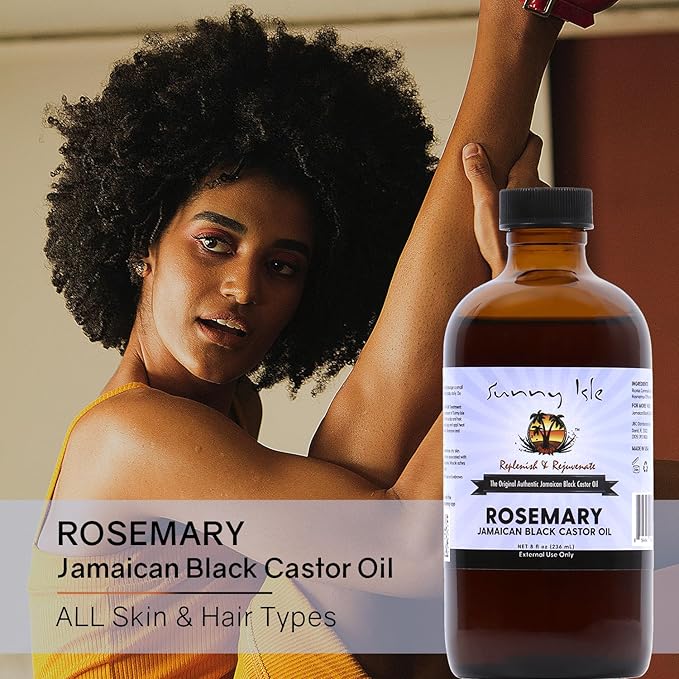 Sunny Isle Rosemary Jamaican Black Castor Oil 8oz | Hair Growth Formula | For Scalp & Gentle Acne-Prone Skin Care | Hot Oil Treatment