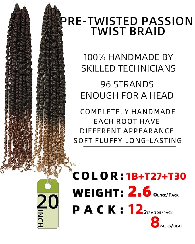 20 Inches 8 Packs crochet twists pre looped，Mixed Colors Combo Pack(6 packs 1B+ 1 pack T1B/27+1 pack T1B/30),Passion Twist Crochet Hair-Super Long Pre-twisted Hair Extensions(20"-8 Packs,1B+T27+T30)