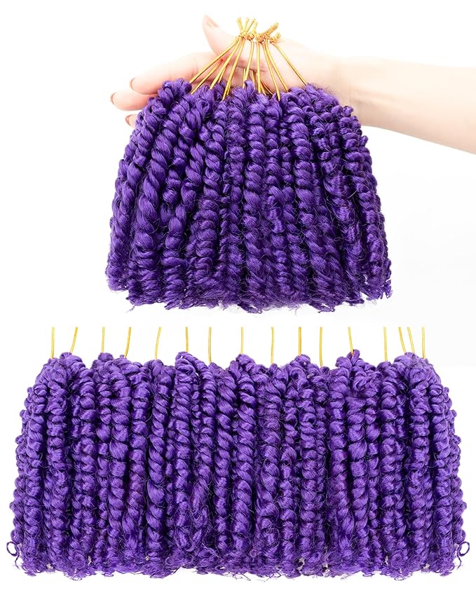 4 Inch 7 Packs Super Short Passion Twist Crochet Hair for Black Women and Kids-Purple Pre Looped Pretwisted Soft Hair Extensions,Braided by Synthetic Spring Kinky Twist Bohemian Curl(4"-7P,Purple)