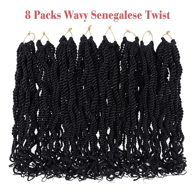 Leeven 8 Packs Wavy Senegalese Twist Crochet Hair with Curly Ends, 14 Inch Black Pre Looped Short Crochet Braids, Pre Twisted Small Hanava Twist, Synthetic Braiding Hair for Women Girl Kids