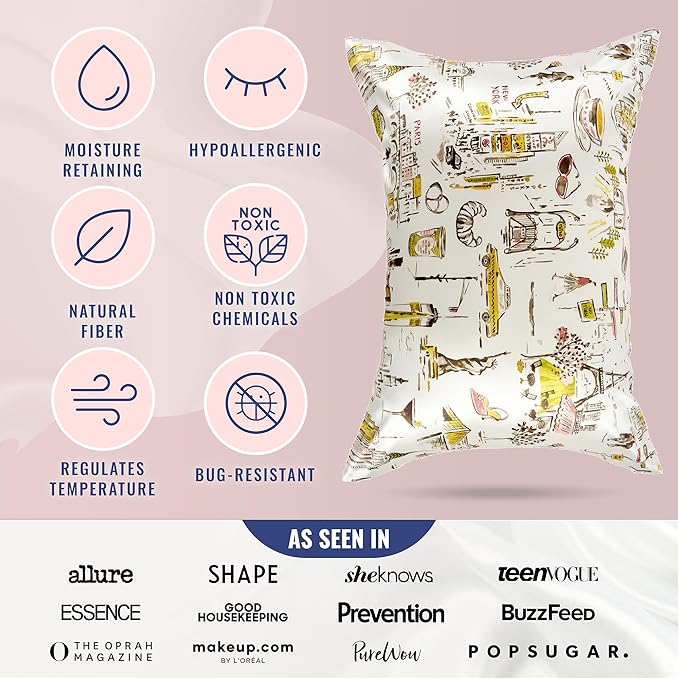 Blissy Silk Pillowcase - 100% Pure Mulberry Silk - 22 Momme 6A High-Grade Fibers - Silk Pillow Cover for Hair & Skin - Regular, Queen & King (Nicole Miller - NY to Paris, King)
