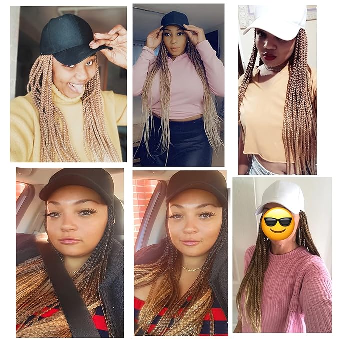 Braided Baseball Cap Wig Box Braid Hair Extensions with Hat Ombre black brown blonde Cap Wig with 18inch Long Synthetic Braiding Hair for Women (18inch 1B/27/613)