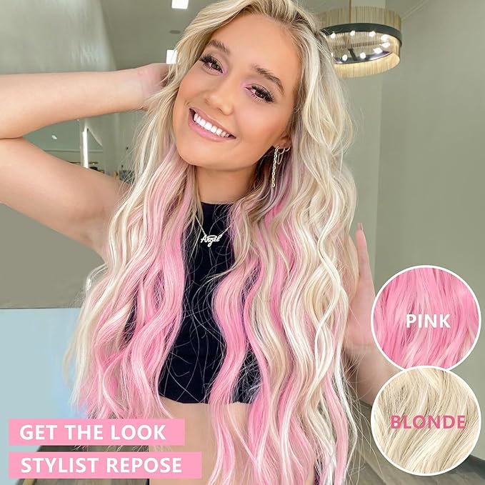 ALXNAN Clip in Long Wavy Hair Extension 20 Inch Blonde Pink Hair Extensions 4PCS Thick Hairpieces Fiber Double Weft Hair for Women