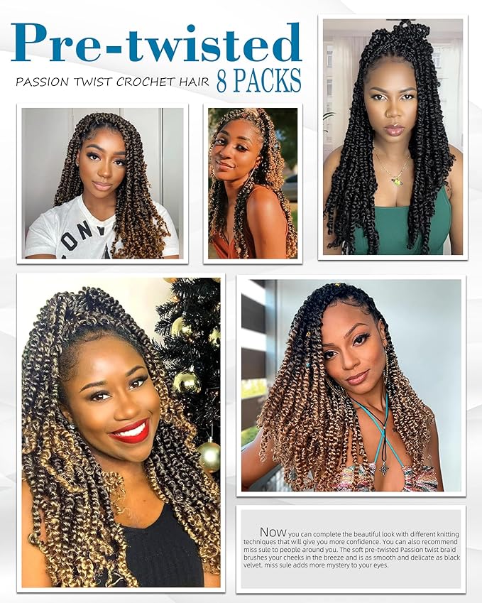 14 Inch 8 Packs Passion Twist Crochet Hair - Mixed Color Combo Pack (1B, T27, T30), Pre-twisted Pre-looped Braided Hair Extensions for Black Women