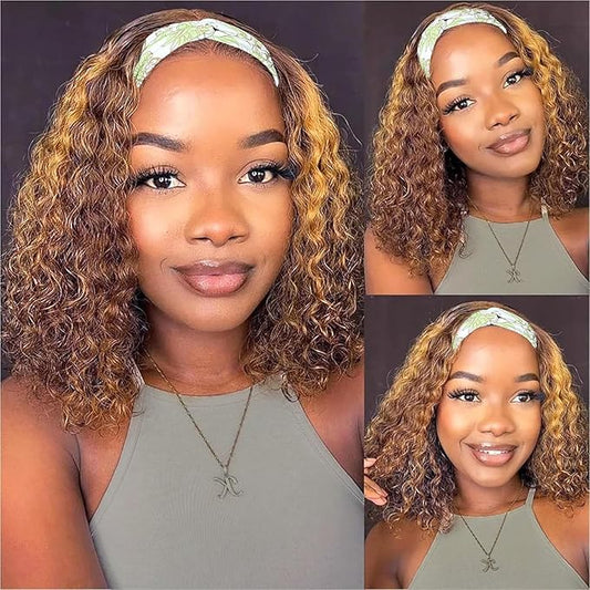Highlight Ombre Headband Wig Human Hair Deep Wave 4/27 Glueless Water Wave Head band Wigs Human Hair for Black Women Brazilian Virgin Highlight Curly Headband Wig Human Hair 14 Inch