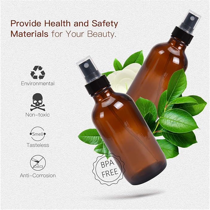 ULG Amber Glass Spray Bottles 4oz Brown Glass Bottle Fine Mist Sprayers Empty Spray Atomizer Including Waterproof DIY Labels 16 Piece