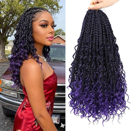 14Inch Crochet Box Braids Hair -8 Packs Goddess Box Braids Crochet Hair Bohemian Curly Crochet Hair Pre-looped Crochet Hair for Black Women(1B/Purple)
