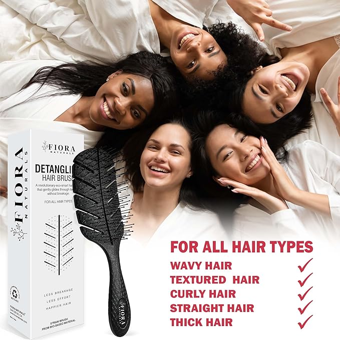 Detangler Brush by Fiora Naturals - 100% Bio-Friendly Detangling brush w/Ultra-Soft Bristles - Glide Through Tangles with Ease - For Curly, Fine, Black Natural, Women, Men, Kids - Dry and Wet Hair