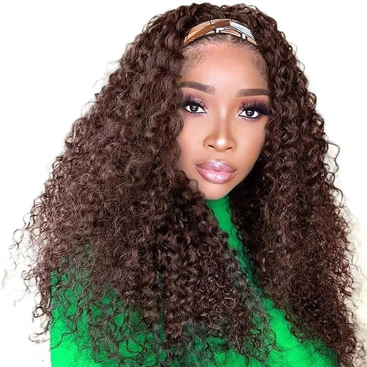 Chocolate Brown Headband Wig Human Hair Deep Wave 26 Inch Machine Made None Lace Front Wig #4 Chocolate Brazilian Virgin Curly Headband Half Wigs for Black Women Human Hair