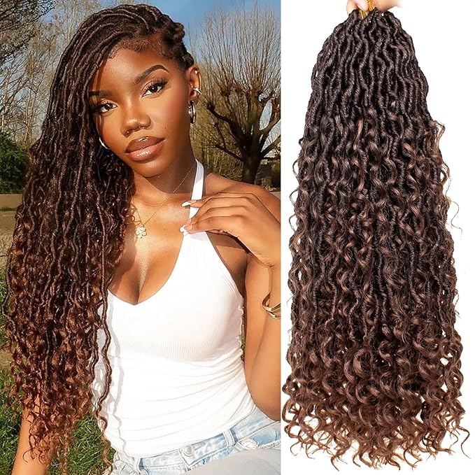 COOKOO Soft New Faux Locs Crochet Hair 18 Inch Ombre Golden Brown Boho Style Goddess Locs Crochet Hair for Women 8 Packs Pre-looped Crochet Braids Hippie River Locs Synthetic Hair Extensions T30#