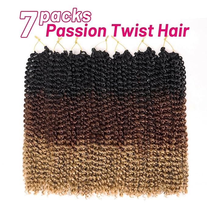 Dorsanee Ombre Brown Passion Twist Hair 18 Inch 7 Packs Water Wave Crochet Hair Long Bohemian Curly Braiding Hair for Butterfly Locs, Faux Locs, Boho Style Spring Twist Crochet Braids (1B/30/27#)