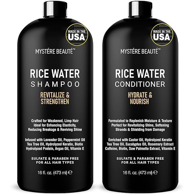 Rice Water Shampoo and Conditioner Set - Ultra-Nourishing Hair Care Set, Promotes Growth, Revitalizes Shine, and Shields from Damage - Infused with Essential Oils - 16 fl oz Each