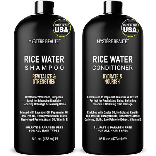 Rice Water Shampoo and Conditioner Set - Ultra-Nourishing Hair Care Set, Promotes Growth, Revitalizes Shine, and Shields from Damage - Infused with Essential Oils - 16 fl oz Each