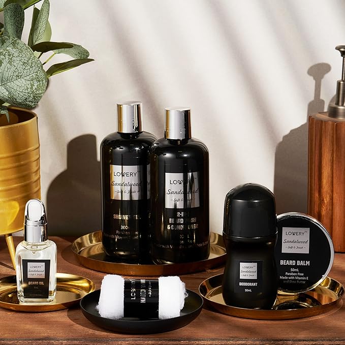 Gifts for Men, Mens Body And Wash Gift Set Beard Kit and Body Care, Unique for Dad Sandalwood Spa Baskets, Bath and Beard Grooming Kit, Gifts for Husband Him Beard Balm Growth Oil
