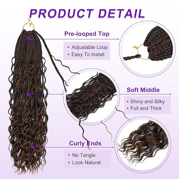 Eacia Goddess Box Braids Crochet Hair 18 Inch 7 Packs Boho Box Crochet Hair for Women Pre Looped Braids with Curly Ends (18 Inch, P4/30#)